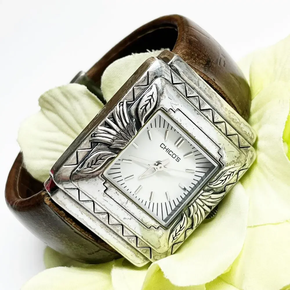 Chico's Silver & Brown Leather Etched Hinge Watch